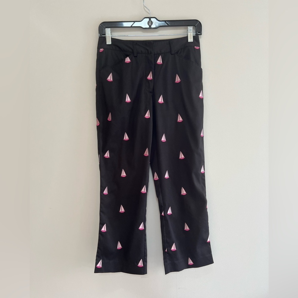 Lilly Pulitzer White Label Cropped Pants Black Pink Sailboat Embroidery, 0